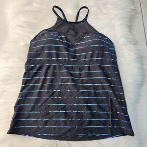ATHLETA Tankini Swim Top Black Blue Stripe Mesh High Neck Women's Size Medium